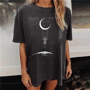 Goth Boho‎ Skeleton Moon Graphic Print Oversized T Shirt Short Sleeve Tee Top